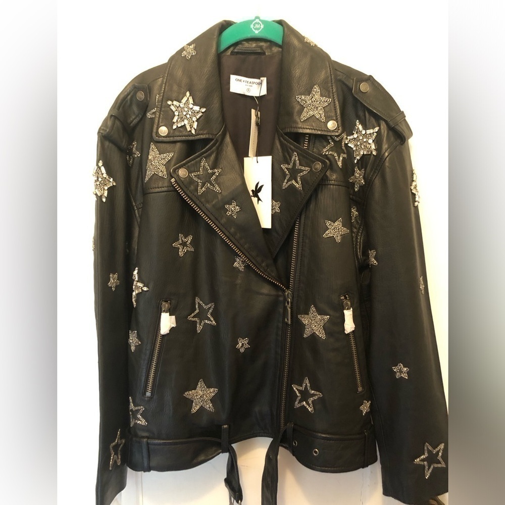 NWT Free People One Teaspoon Black Leather Hand-Embellished Moto Jacket …